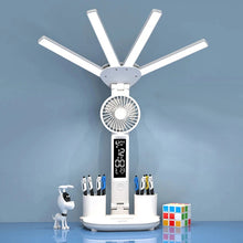 Multifunctional Desk Clock 4 Heads LED Eye Protection Desk Lamp with Intelligent Display Touch Control 80LEDs 3 Light Modes Stepless Dimming USB Rechargeable Design for Office Home Reading