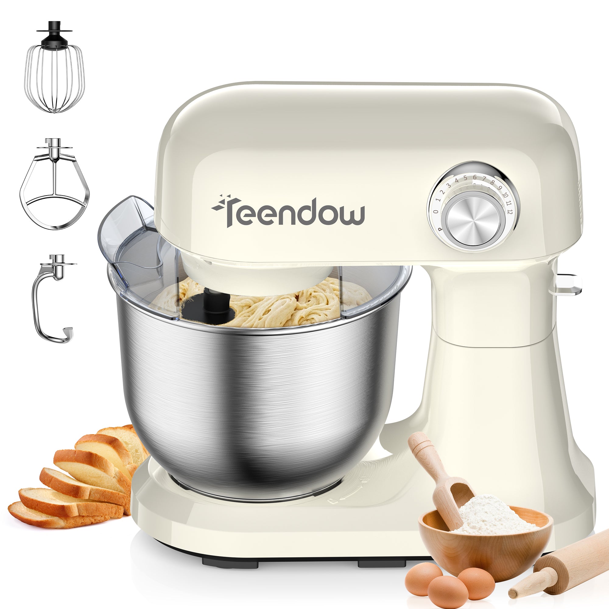 Teendow SM-B03 álló mixer, 5 literes, nagy keverőtál, 12 sebességfokozat, állítható, dagasztóhoroggal, habverővel és keverővel, konyhába, sütéshez, főzéshez