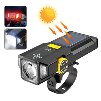 Solar Rechargeable Zoomable Bicycle Headlight 1600mAH Anti-glare Red Warning Lamp Type-C Charging Bike Front Light for Night Riding Safety