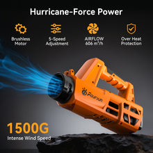 Foursun LB01 Cordless Leaf Blower, 1500G Blowing Force, 606 m³/h Airflow, Brushless Motor, 5-Speed, 4.0Ah Battery up to 120 Mins, Lightweight with Strap