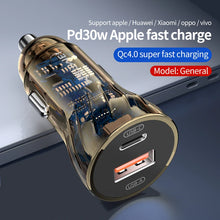 12V-24V Dual USB Transparent Car Charger 30W PD + QC4.0 Super Fast Charge for Apple Huawei Xiaomi Oppo Vivo