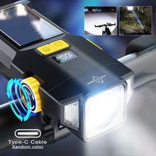 Solar Rechargeable Zoomable Bicycle Headlight 1600mAH Anti-glare Red Warning Lamp Type-C Charging Bike Front Light for Night Riding Safety