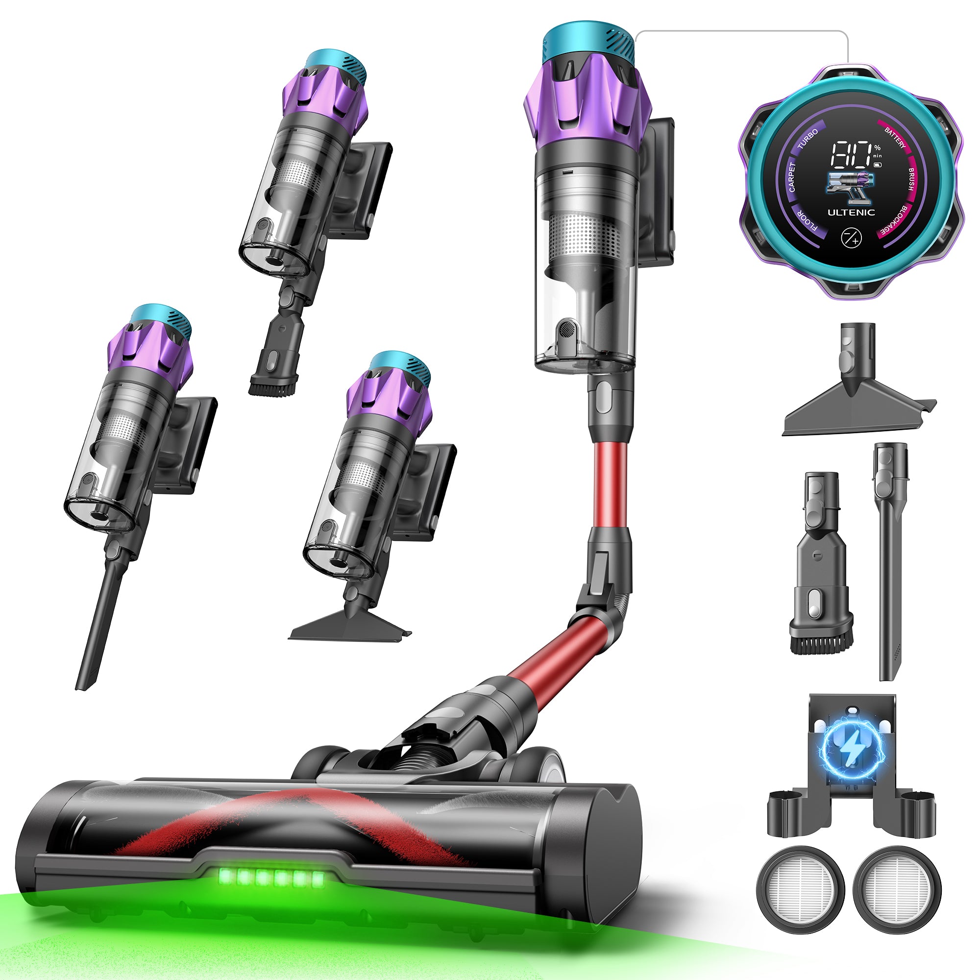 Ultenic U18 Pro akkus porszívó, 600 W-os, 55 kPa erős szívóerő, 80 perc max. üzemidő, 180°-ban hajlítható szívócső, önállóan álló kialakítás, LED kijelző, alacsony zajszint, állatszőr, szőnyegek és kemény padlók tisztítására