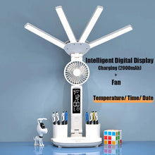 Multifunctional Desk Clock 4 Heads LED Eye Protection Desk Lamp with Intelligent Display Touch Control 80LEDs 3 Light Modes Stepless Dimming USB Rechargeable Design for Office Home Reading