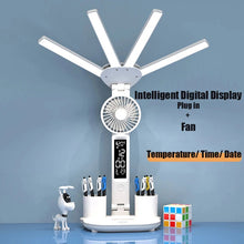 Multifunctional Desk Clock 4 Heads LED Eye Protection Desk Lamp with Intelligent Display Touch Control 80LEDs 3 Light Modes Stepless Dimming USB Rechargeable Design for Office Home Reading