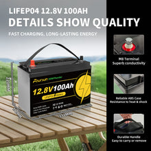 Foursun 12V 100Ah LiFePO4 Battery (1280Wh) with Low-Temp BMS Protection, 4500+ Cycles for Motorhome/Solar/Camping, Without Charger