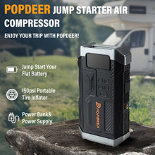 POPDEER PD-JA3 5000A 4-in-1 Emergency Jump Starter with Air Compressor (150PSI Tire Inflator) 12V Quick Charge 3.0 Jump Box LCD Display Flashlight Storage Case - Suitable for 10.0L Gas 8.0L Diesel Engines