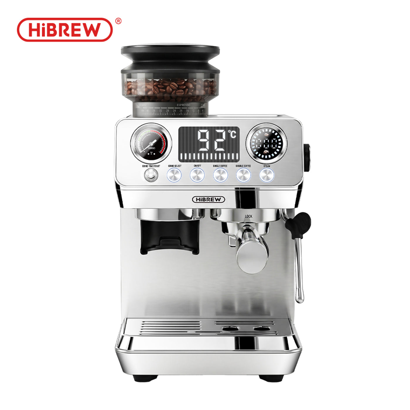 HiBREW H7 Lite eszpresszógép őrlővel, 20 baromfi őrlőfejjel, 44 őrlési beállítással, PID és NTC hőmérséklet-szabályozással, nagy teljesítményű gőzölőfejjel