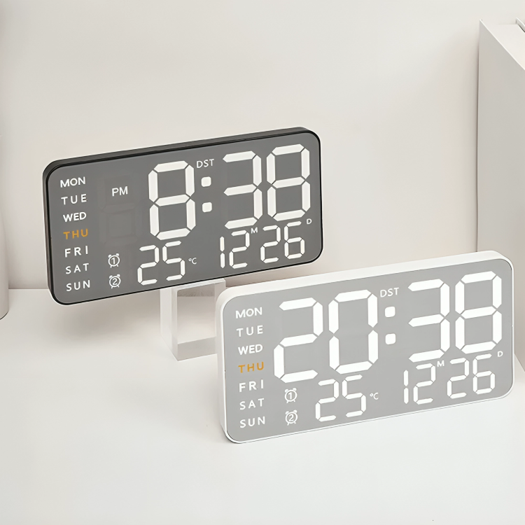 LED-es digitális falióra hőmérséklet- és páratartalom-kijelzővel, fém szálcsiszolt felülettel, multifunkcionális elektronikus ébresztőóra, USB-tápellátással